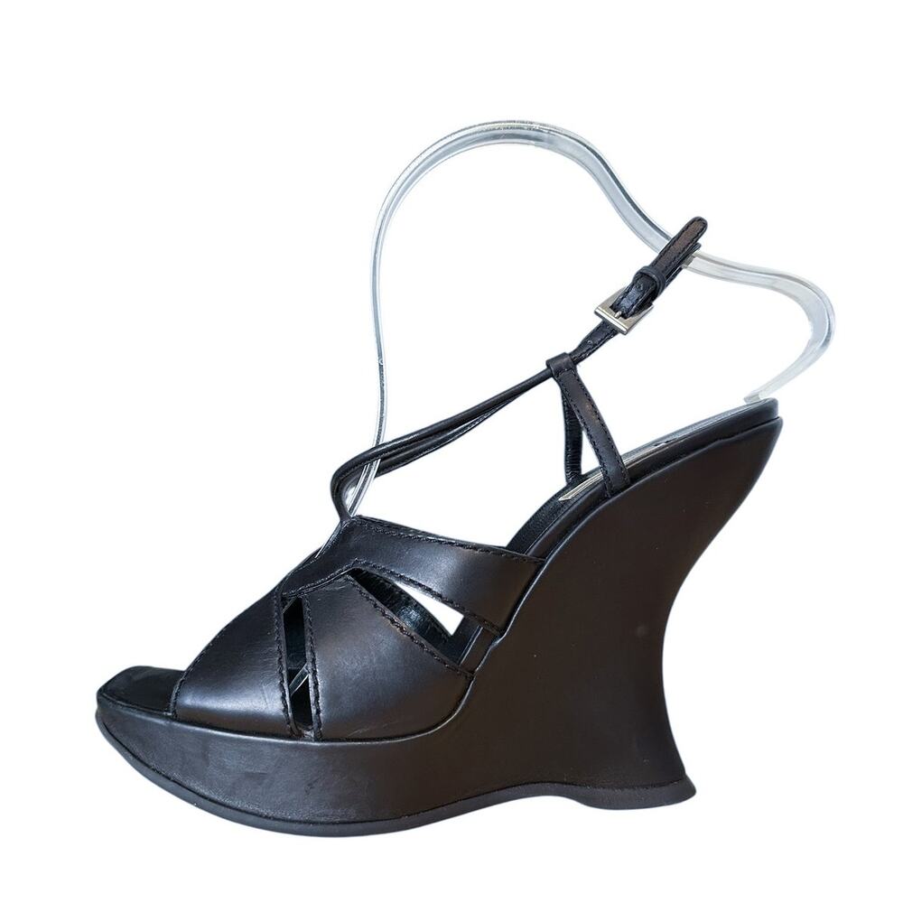Prada Vintage Y2K Black Leather Sculptural Wedge Sandal Heels 38